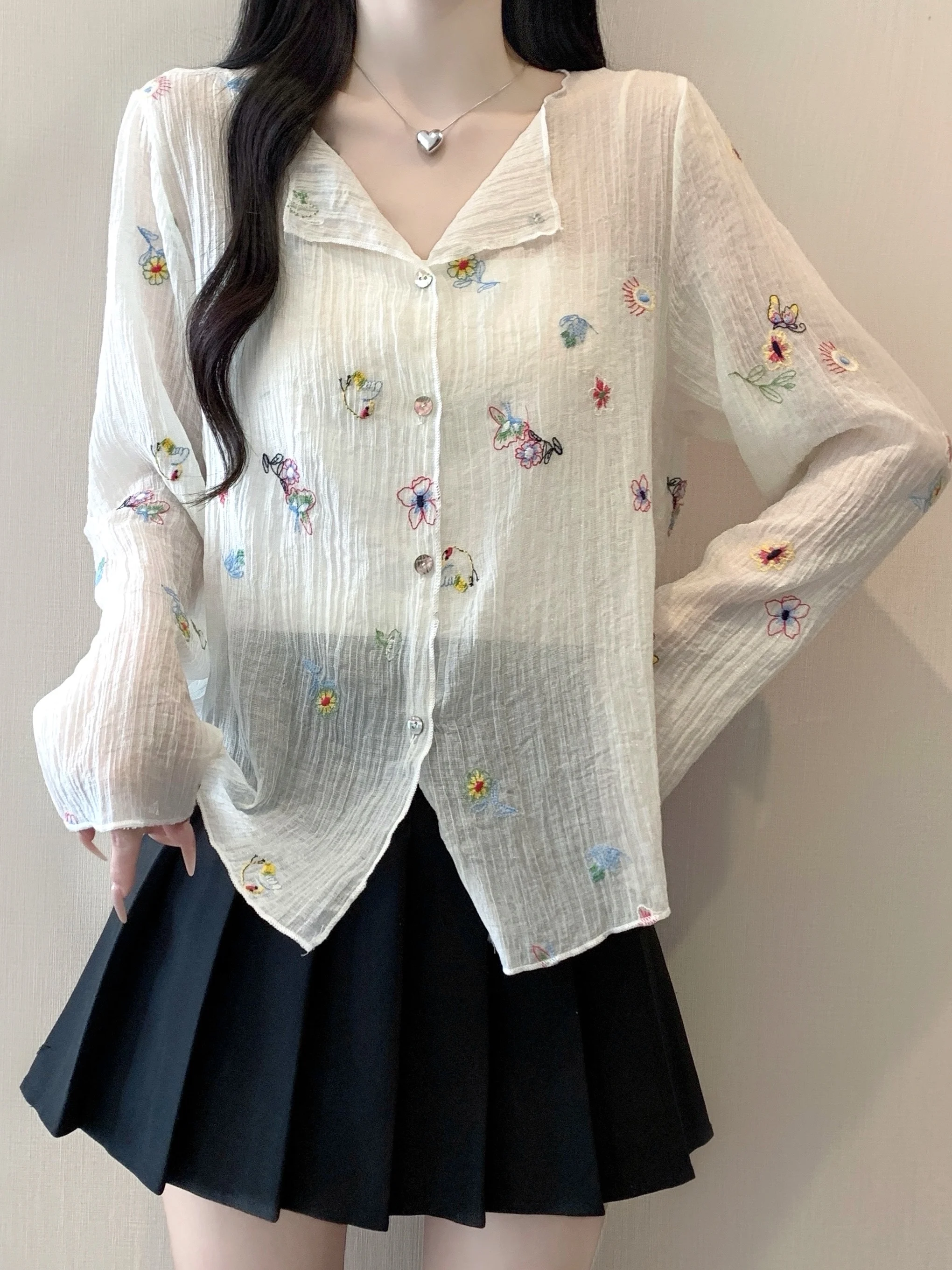 

plus Size Fashionable Embroidered Long Sleeve Shirt Thin Sun Protection Design Slimming Versatile Korean Style Women's Top