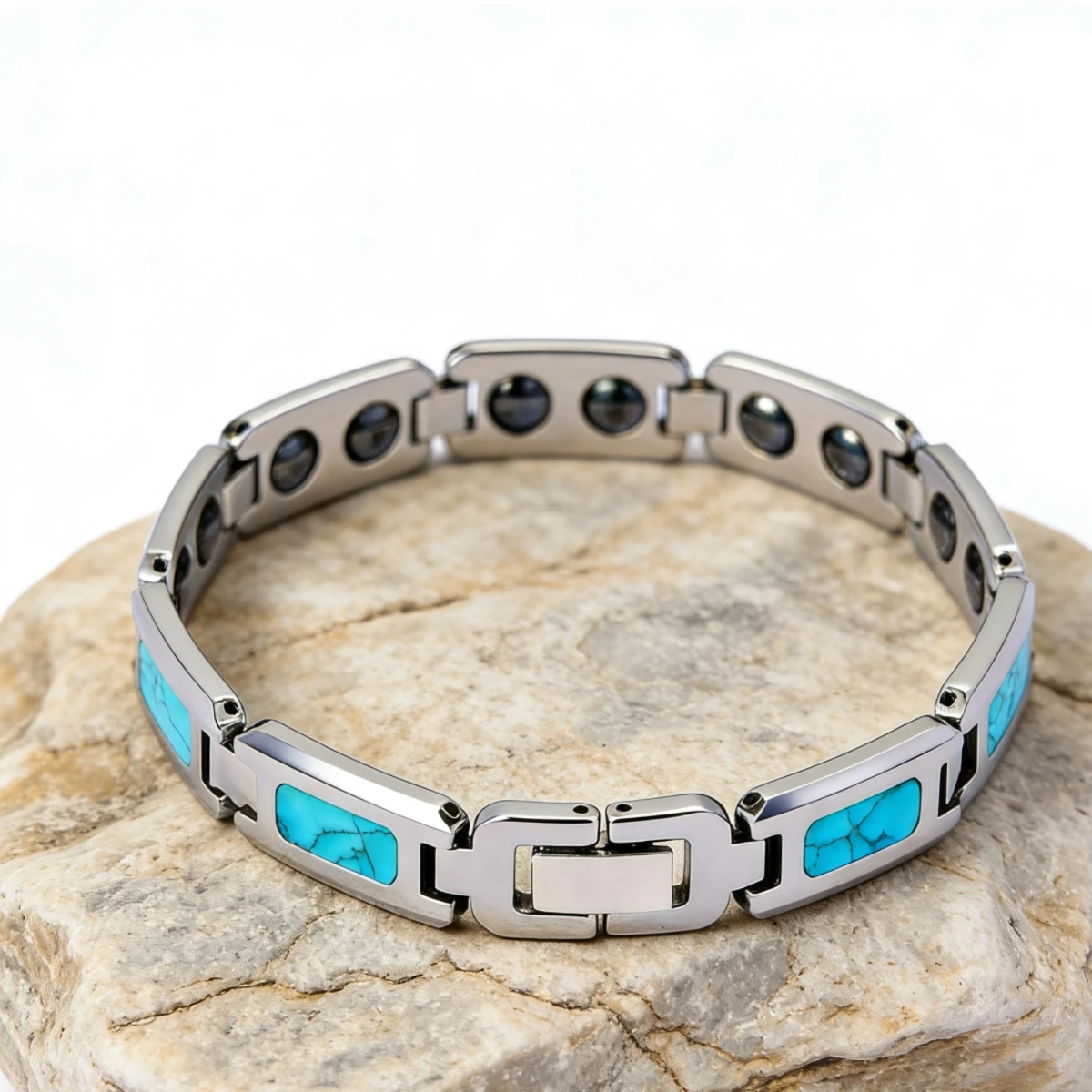 

Tungsten Carbide Blue Turquoises Bracelet Men Magnetic Therapy Link Wristband Waterproof Scratch Resistant Luxury Jewelry Gift