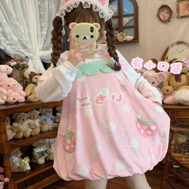 Original japonês macio meninas kawaii morango impressão vestido com capuz jsk 2025 nova filha y2k lolita vestido de aniversário feminino