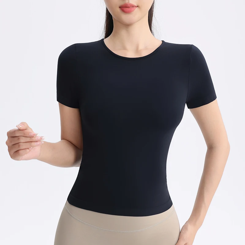

Легкая одежда для фитнеса телесного цвета, однотонная спортивная женская футболка с короткими рукавами, тонкая одежда для йоги, эластичная футболка для фитнеса