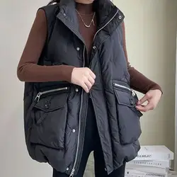 Gilet in cotone con ricamo invernale cappotto caldo da donna con colletto rovesciato giacca senza maniche con cerniera soprabito gilet femminile allentato