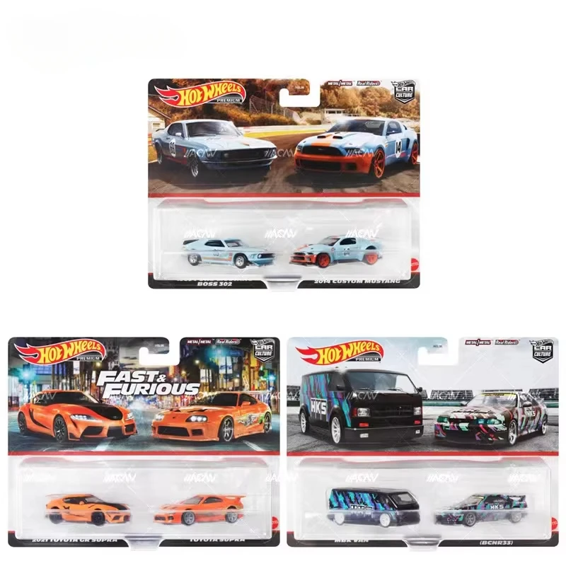 Genuíno hot wheels premium carro cultura 2 pacote crianças brinquedos para meninos 1:64 diecast mbk van nissan skyline gtr toyota supra ford