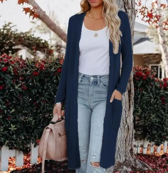 

Autumn and Winter Knitted New Plus Size Women's Long Sleeved Cardigan Sweater Solid Color Long Knit Sweater