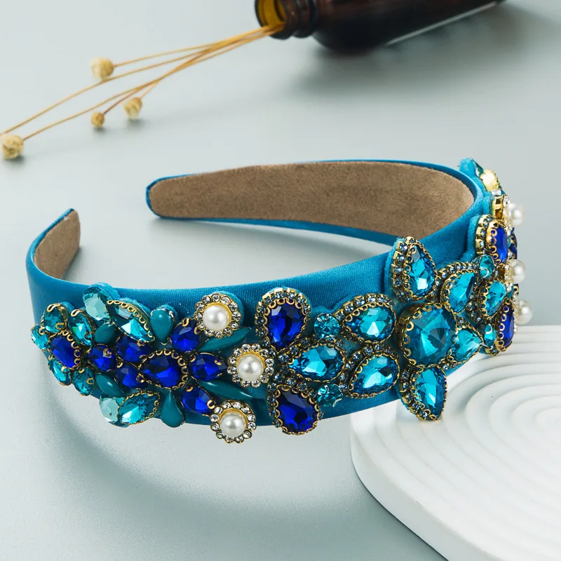 Women Blue Headband New Fashion Casual Crystal Hairband Rhinestone Padded Headwear Turban Classic Adult Hair Accessories