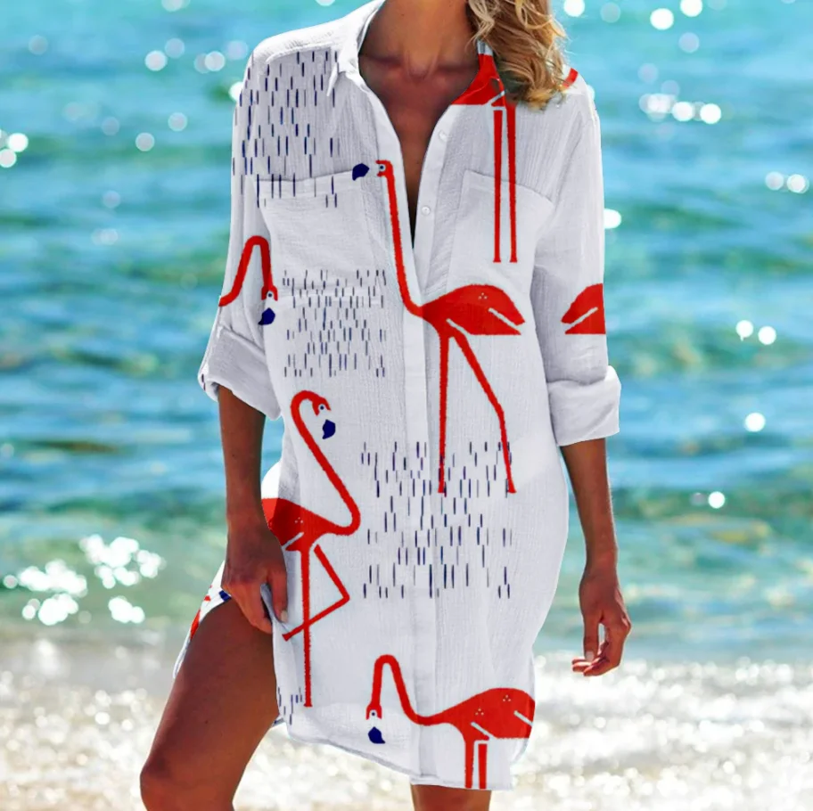 Hawaii Flamingo Printed Shirt Dress Animal Beach Sexy Blouse Outwear Shirt Long Sleeve Maxi Dress for Women Ladies Vestido Mujer