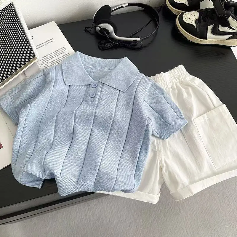 1-5Y Solid Color Knitted Short Sleeved Set 2026 Summer Baby Boy Clothing Fashion Knit Polo Shirt+ Cotton Shorts Two-piece Set