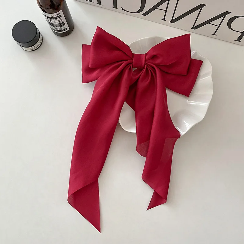 Elegant Bow Long Ribbon Hair Clip Simple Solid Satin Spring Clip Fashion HairPin Retro Headband with Clips Girls Hair Accessorie