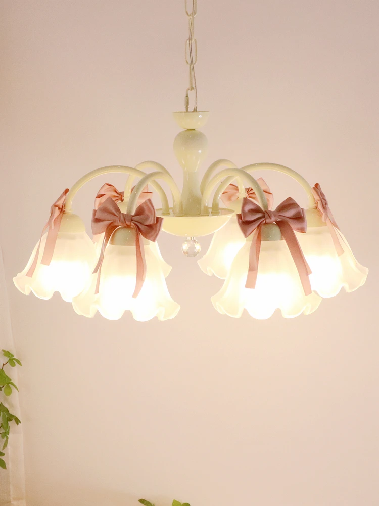 Cream Style Girl's Bow knot light E27 LED Chandelier Bedroom Dining Room Creative pink ribbon Children's Room Princess Lighting