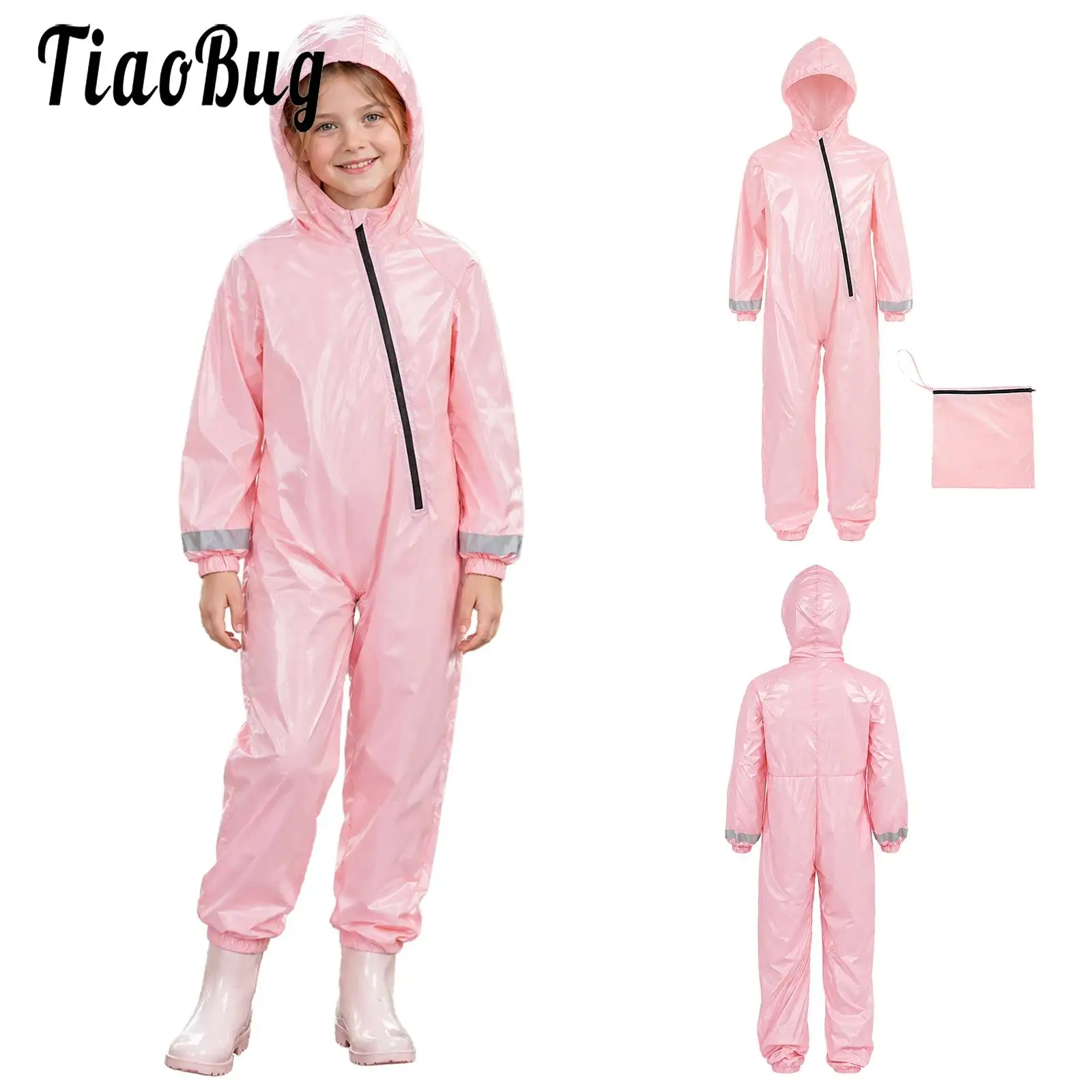 Kids Boys Girls Water Resistant One-piece Rainsuit Zipper Raincoat Long Sleeve Hooded Coverall Full Jumpsuit with Storage Bag
