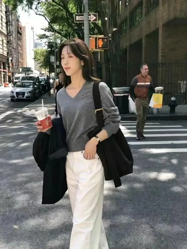 Casual Woolen Women's Pullover V-Ne Top Winter New Sle Commute Sle Long Sve Regular Length  Color Faion