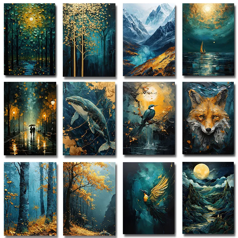 ملصق رسم على قماش القارب الأزرق مطبوع ، شجرة الخريف ، الطيور الطائرة ، الحوت ، الجبل ، الثعلب ، الطبيعة ، فن الجدار ، الصورة ، ديكور المنزل #1