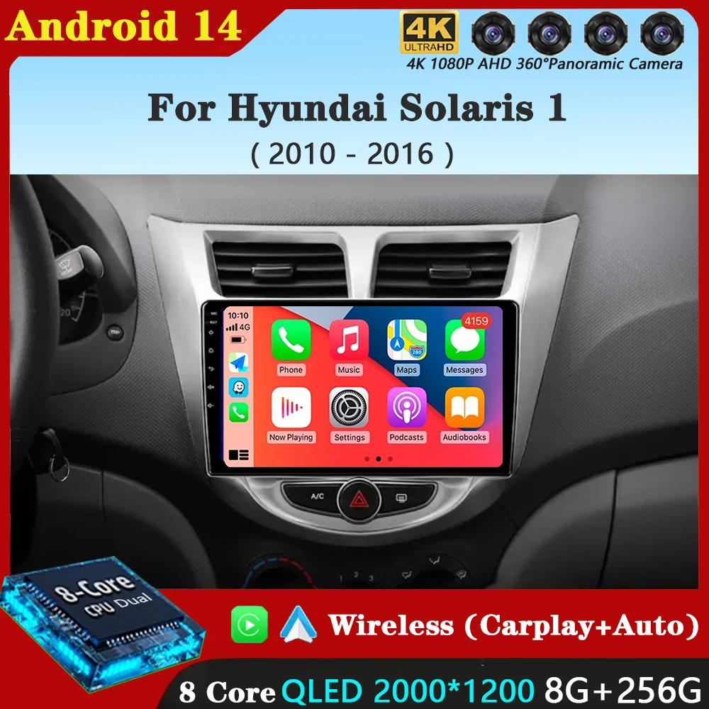 

9 "Android 14 для Hyundai Solaris 1 2010-2016 2K QLED стерео автомобильный радиоприемник мультимедийный видеоплеер GPS WIFI 4G CarPlay головное устройство BT