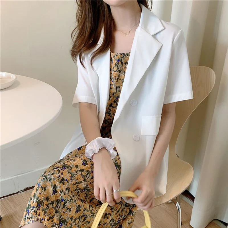 Summer Fashion Ol Short Sleeve Blazer Women Thin Lapel Neck Double-Breasted Suits Jacket Woman Solid Color Loose T Shirts Female