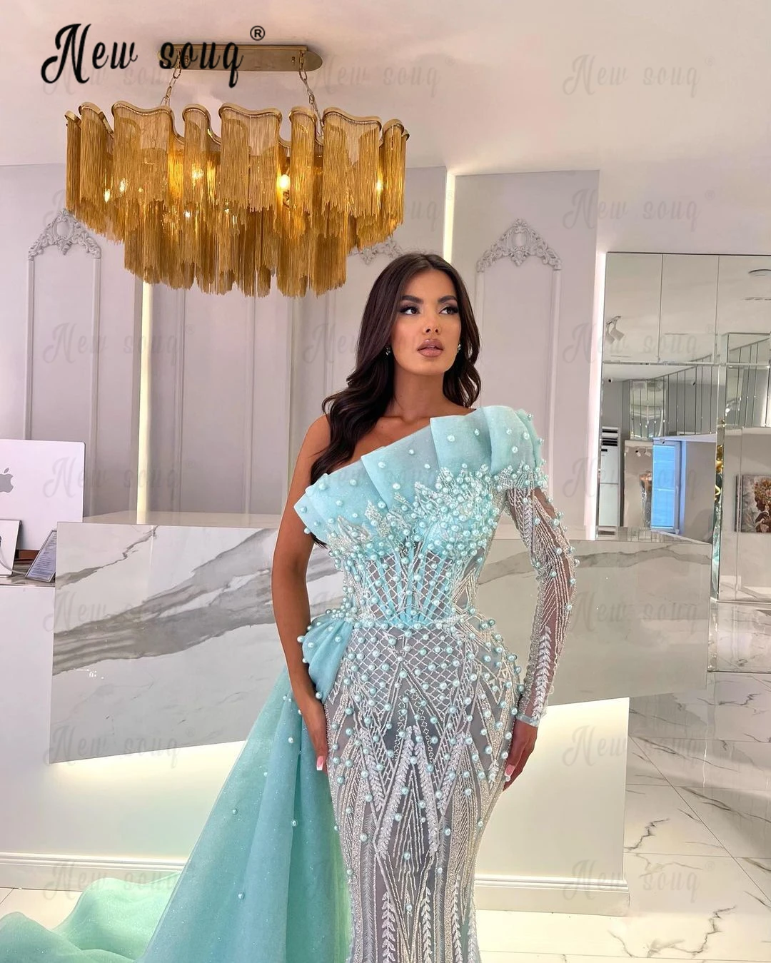 Vestido de noche largo de sirena para mujer, traje de lujo turquesa con un hombro descubierto, Formal, con perlas, para fiesta de graduación, 2023