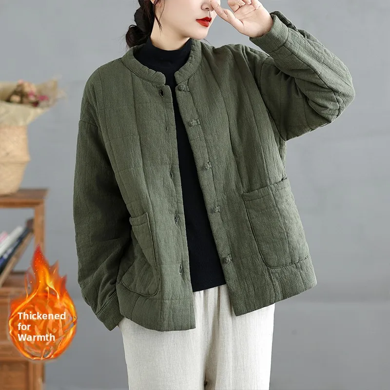 Lightweight Cotton Linen Quilted Plaid Women's Winter Retro Artistic National Sle Jaet  Silk ort Cotton Coat