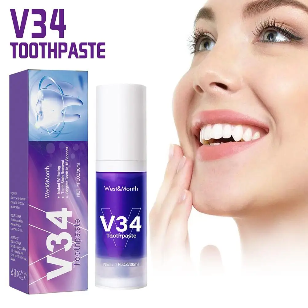 V34 Paars Whitening Tandpasta Verwijderen Tandvlekken Reinigen Mondhygiëne Bleken Tandheelkundige Gereedschappen Frisse Adem Tandverzorging 30 ml