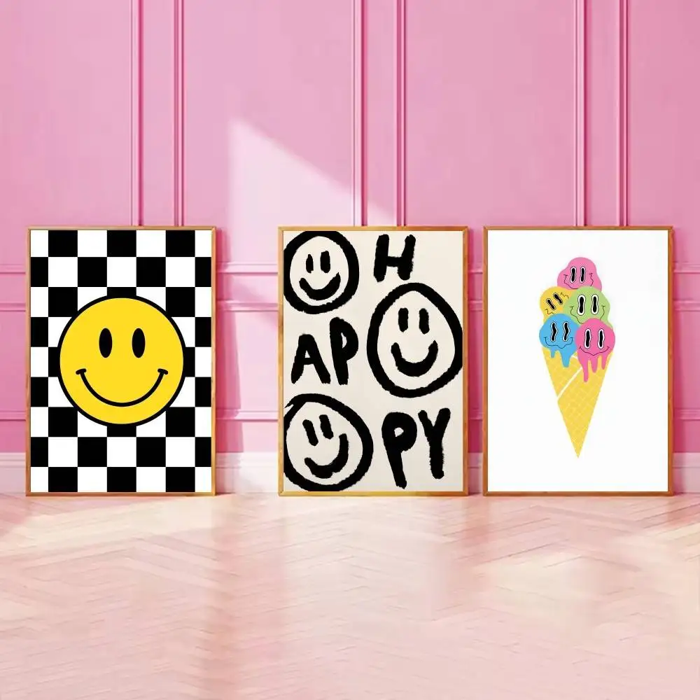 Retro Smiley Face Paper Poster Pastel Happy Quote Ice Cream Checkerboard Sun Boho Wall Print for Bedroom Dorm Kids Room Decor