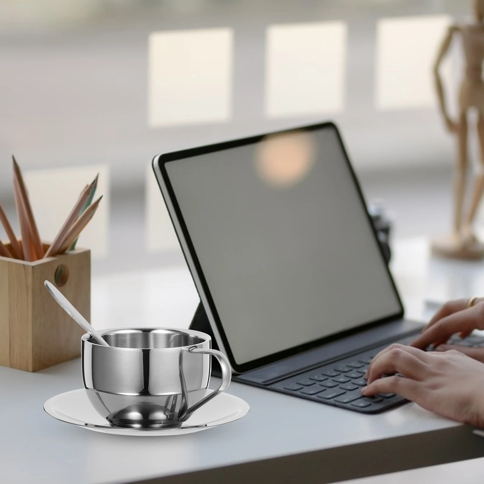 

Stainless Cup 180ML Double Layer Tea Milk Mug Espresso Cups Saucer Spoon Set Practical Simple Design