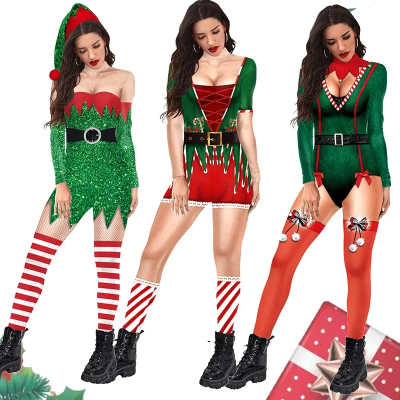 Xmas Elf Jumpsuit Christmas Cosplay Costume 3D Printing Bodysuit Party Circus Troupe Women Zentai Festival Skinny Jumpsuit