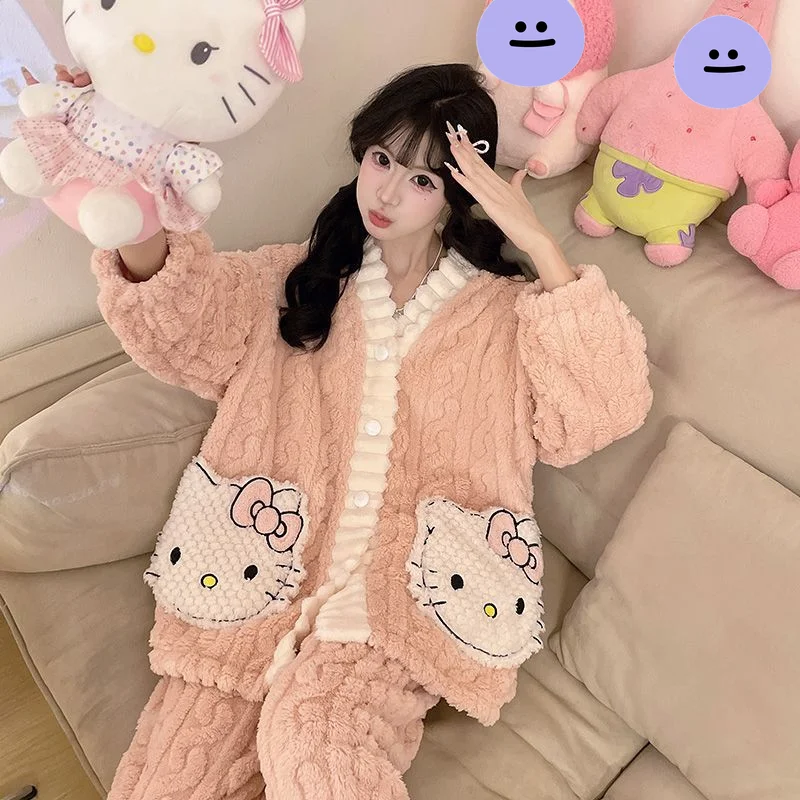 

Sanrio Hello Kitty Women's Coral Fleece Pajamas Set Flannel Cute Cartoon Student Home Loungewear Autumn Winter Sleepwear