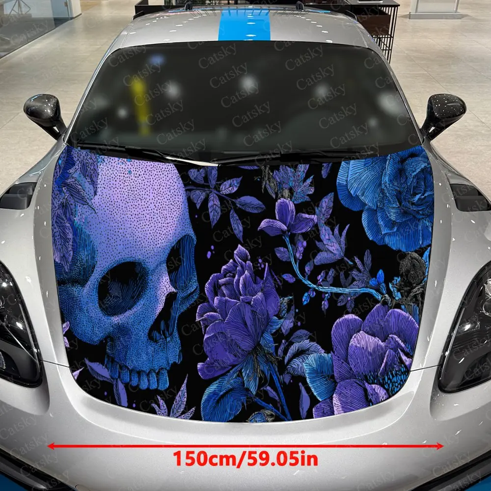 Car Decal Creative Dark Art Design of Skull Surrounded by Blue Florals Car Hood Sticker, Waterproof Self - Adhesive PVC Graphics