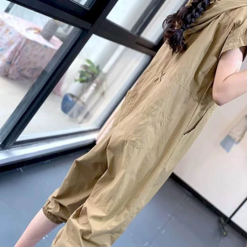 Monos con capucha Pop para mujer, ropa de trabajo holgada, monos de manga corta, trajes de una pieza estilo Safari, monos informales para mujer, pantalón harén