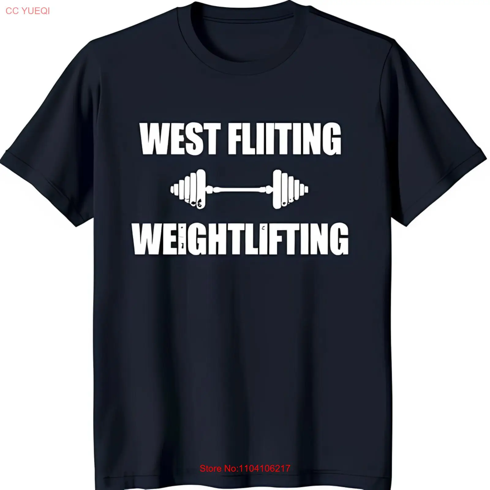 

Men's Blue T-Shirt with 'West Fliiting Weightlifting' Graphic & Barbell Design