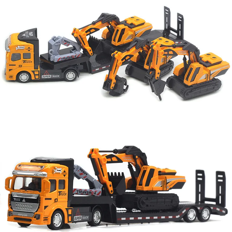 New 1:50 alloy flatbed truck transporter model,simulation trailer engineering vehicle toys,excavator roller toys,wholesale