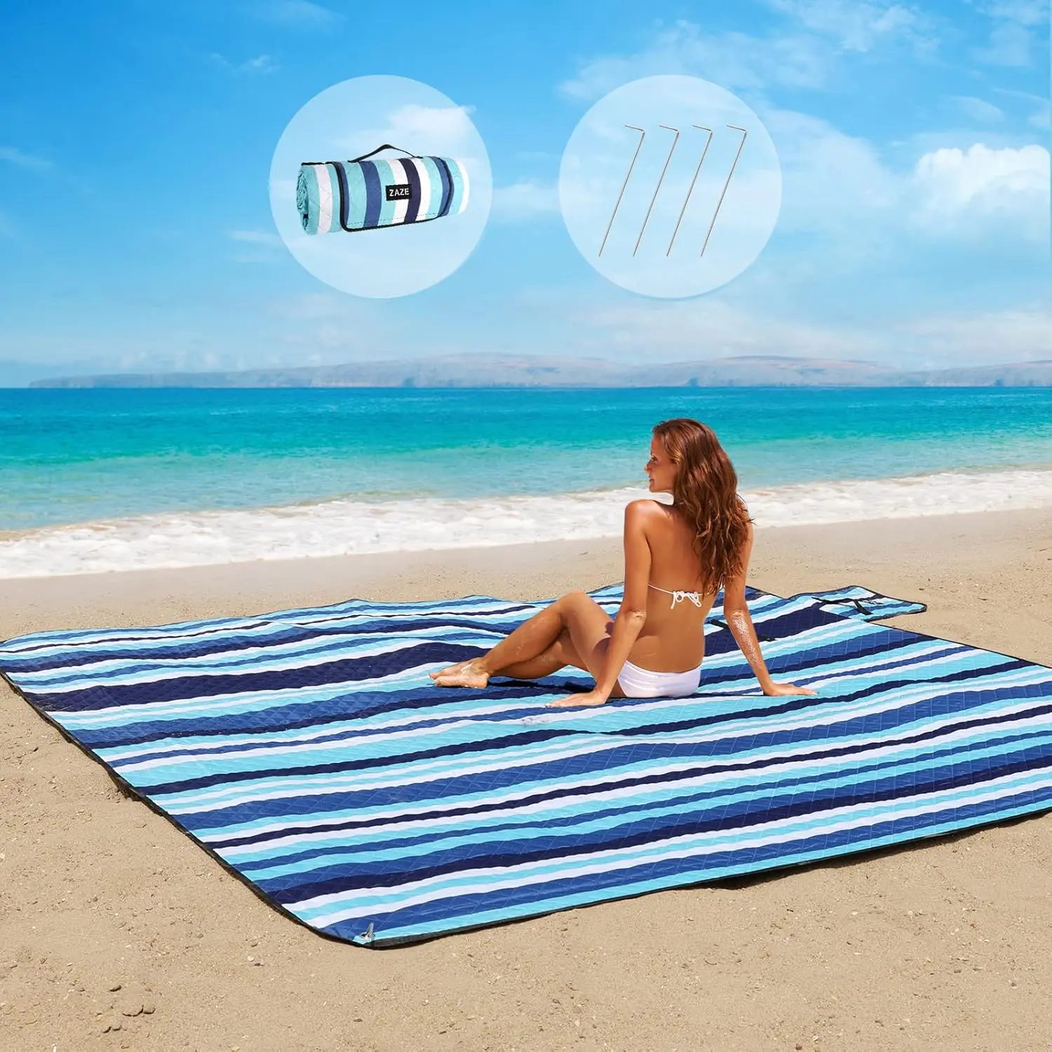 

Beach Blanket with Stakes, Thick 3-Layer 80x80 Waterproof Sandproof Outdoor Mat for Camping Travel