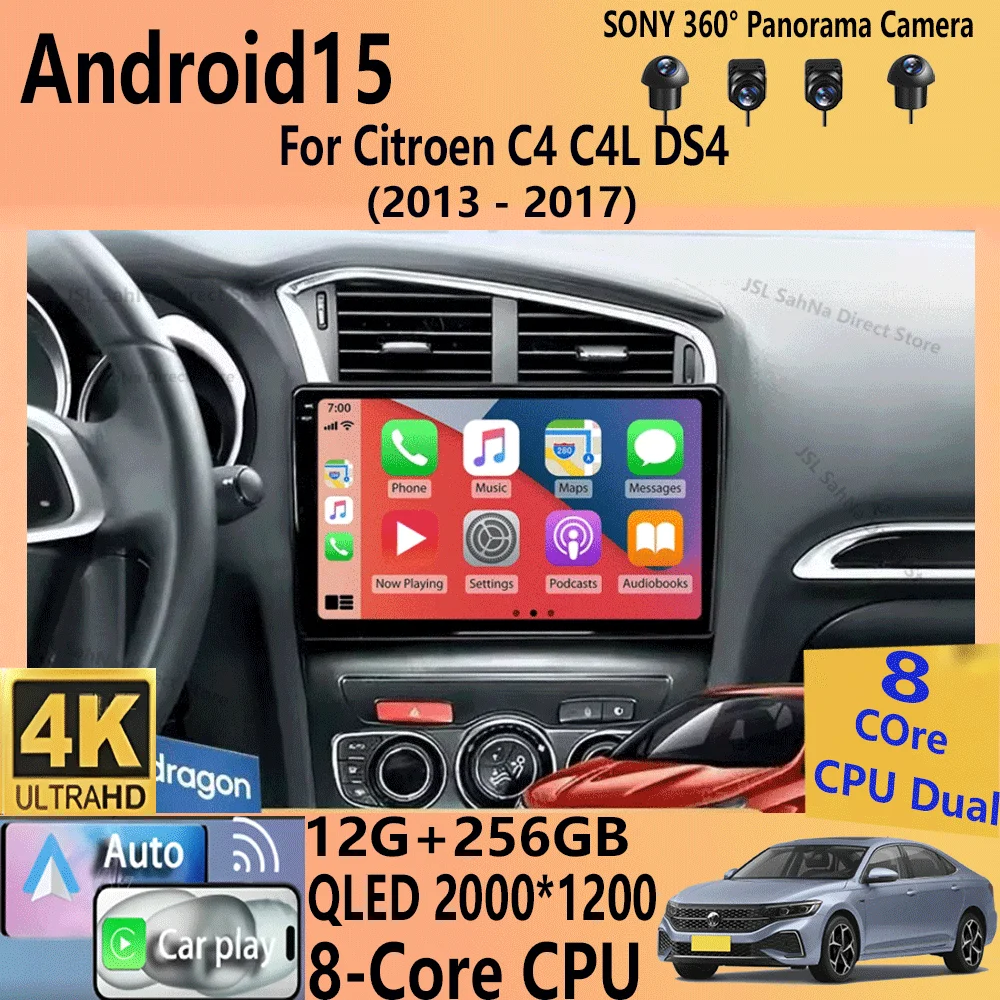 

Car Radio Android 15 Carplay DSP WIF+4G GPS Multimedia video Player For Citroen C4 C4L DS4 2013 - 2017 Stereo 360 Camera