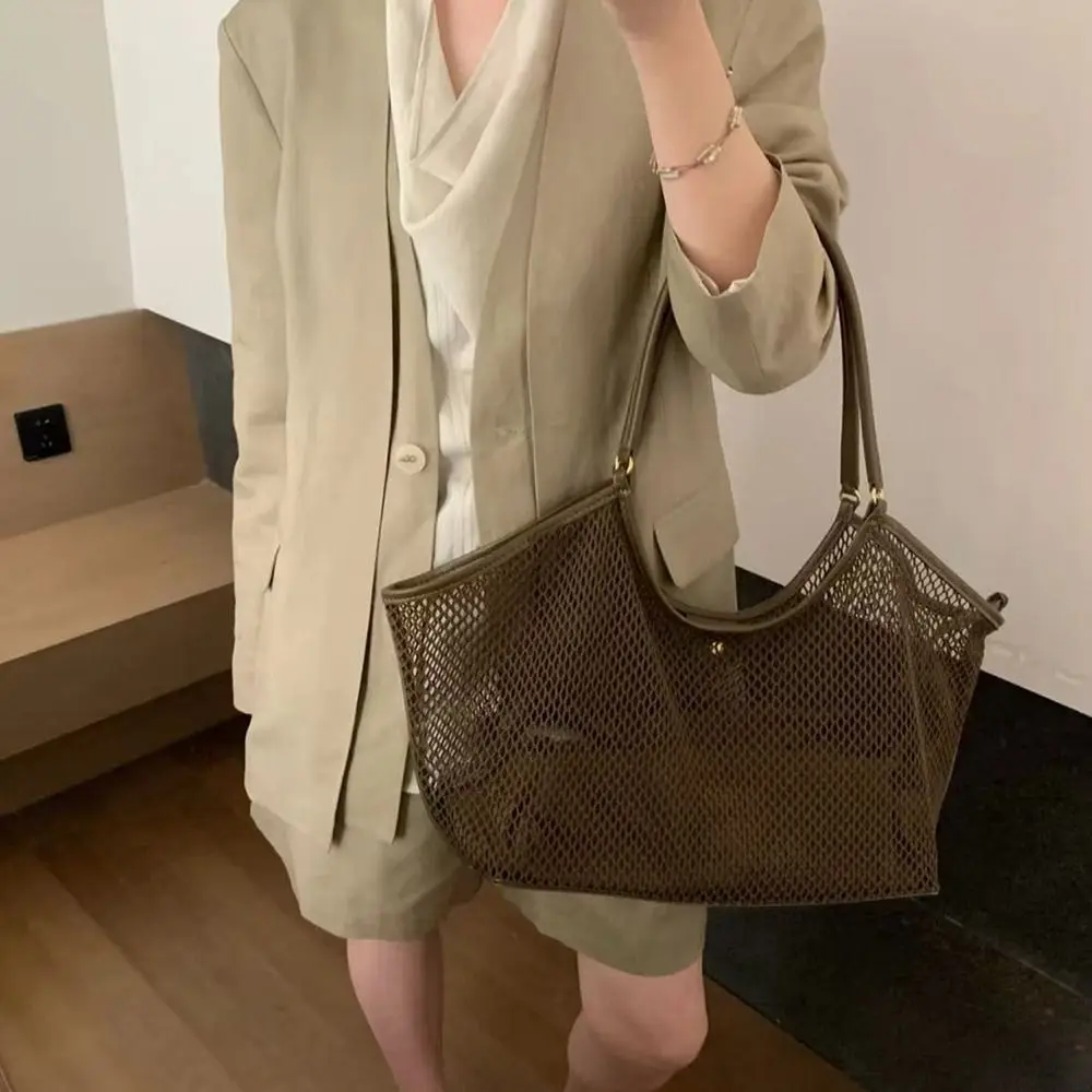 

Leisure Casual Hollow Mesh Wing Tote Bag PU Leather Soft Large Capacity Net Handbag Underarm Bag Summer Beach Shoulder Bag Beach