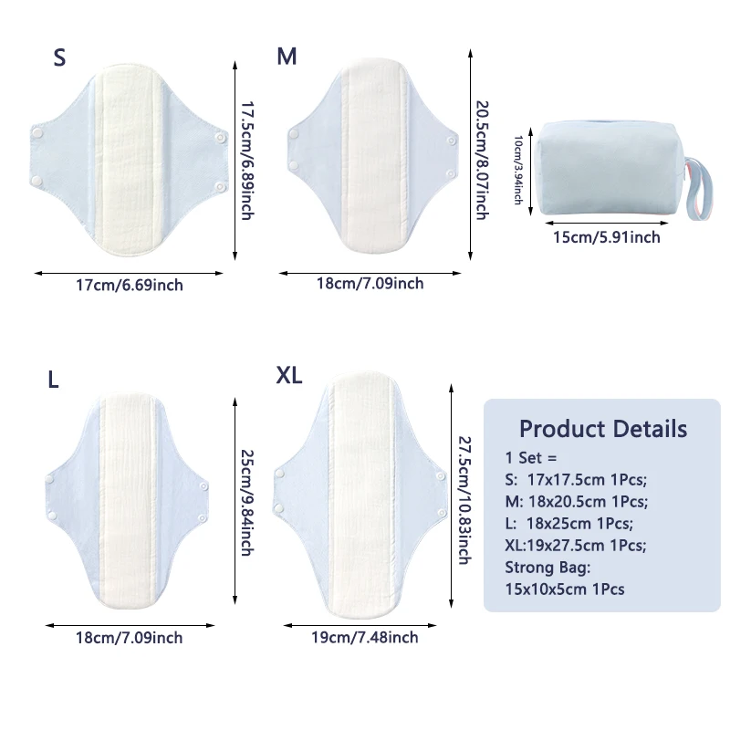 Fotografia 7: Conjunto de 5 absorventes menstruais reutilizáveis e laváveis, feitos de tecido de algodão, para mulheres, com alta capacidade de absorção e proteção contra vazamentos, ideais para o período pós-parto e para o cuidado de casos de incontinência.