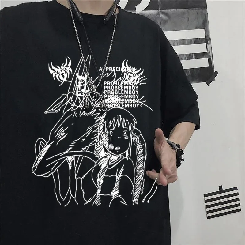 Black Demon Punk Gothic Anime Print T-shirt Harajuku Y2K Tops Tshirt Summer Oversized T Shirt Retro Men Women Clothes Streetwear