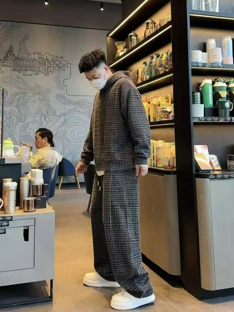 

Мужской повседневный спортивный костюм: теплый, свободный комплект из худи и брюк, осенне-зимний, с длинными рукавами и штанами