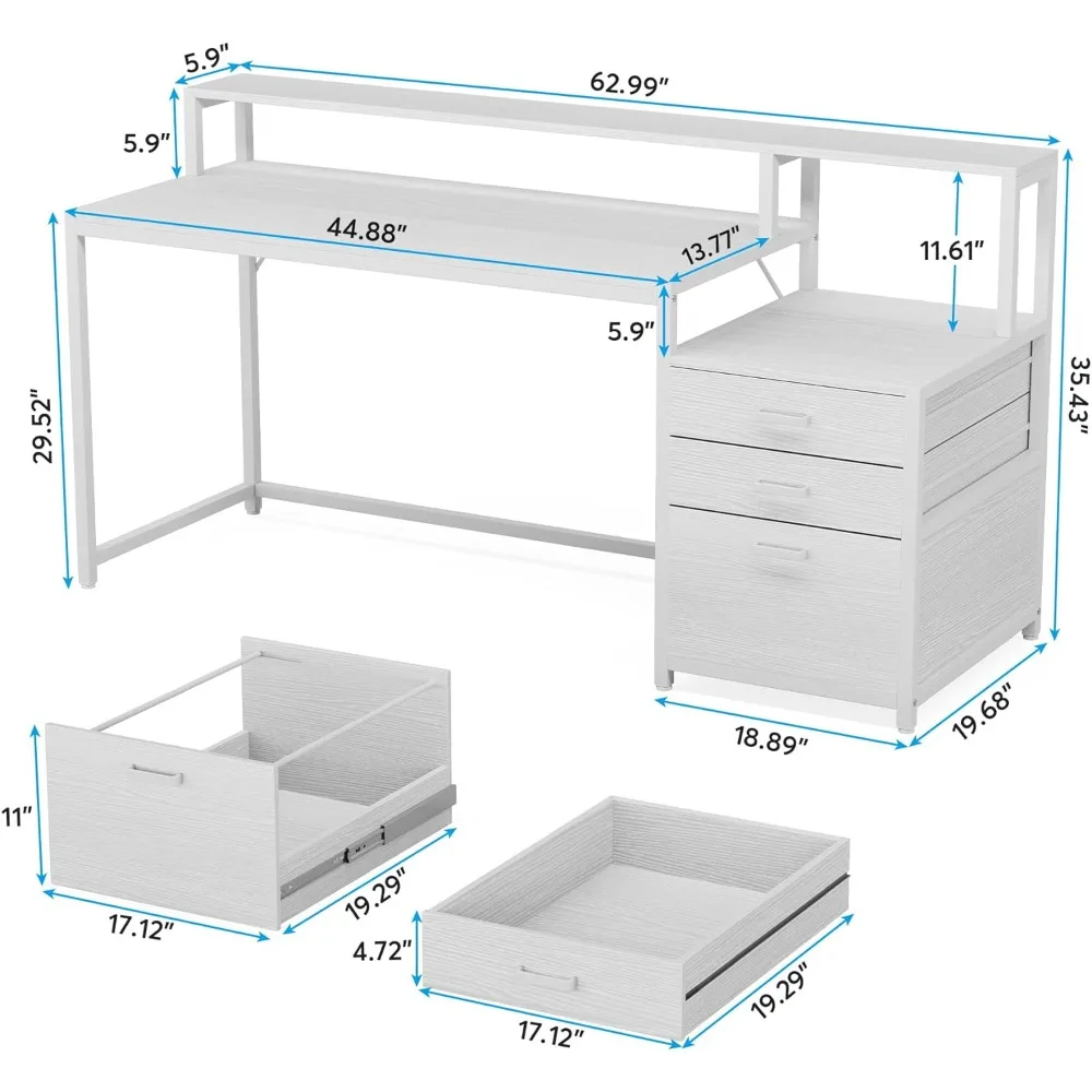 Escritorio para ordenador de 63 pulgadas con cajón de archivos, escritorio de oficina ergonómico con soporte para Monitor, mesa de ordenador con espacio para impresora