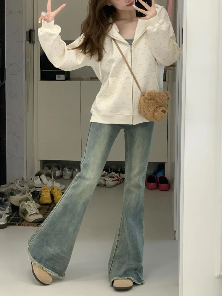Sweet Cool Retro High Waist Bell Bottom Denim Jeans Women's Spring Autumn Slimming Versatile Cotton Stretch Bootcut Pants