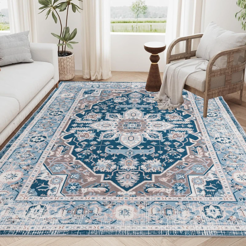 

Area Rug 6x9 Vintage Bohemia Large Persian Non-slip Washable Rug For Living Room Kitchen Bedroom Living Room Flower Design Blue