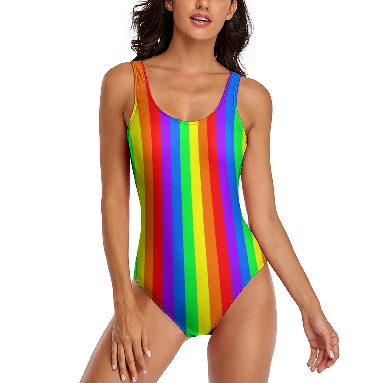 

Rainbow Striped Swimsuit Sexy Vertical Lines One Piece Swimwear Push Up Bodysuit Retro Holiday Rave Bathing Suit