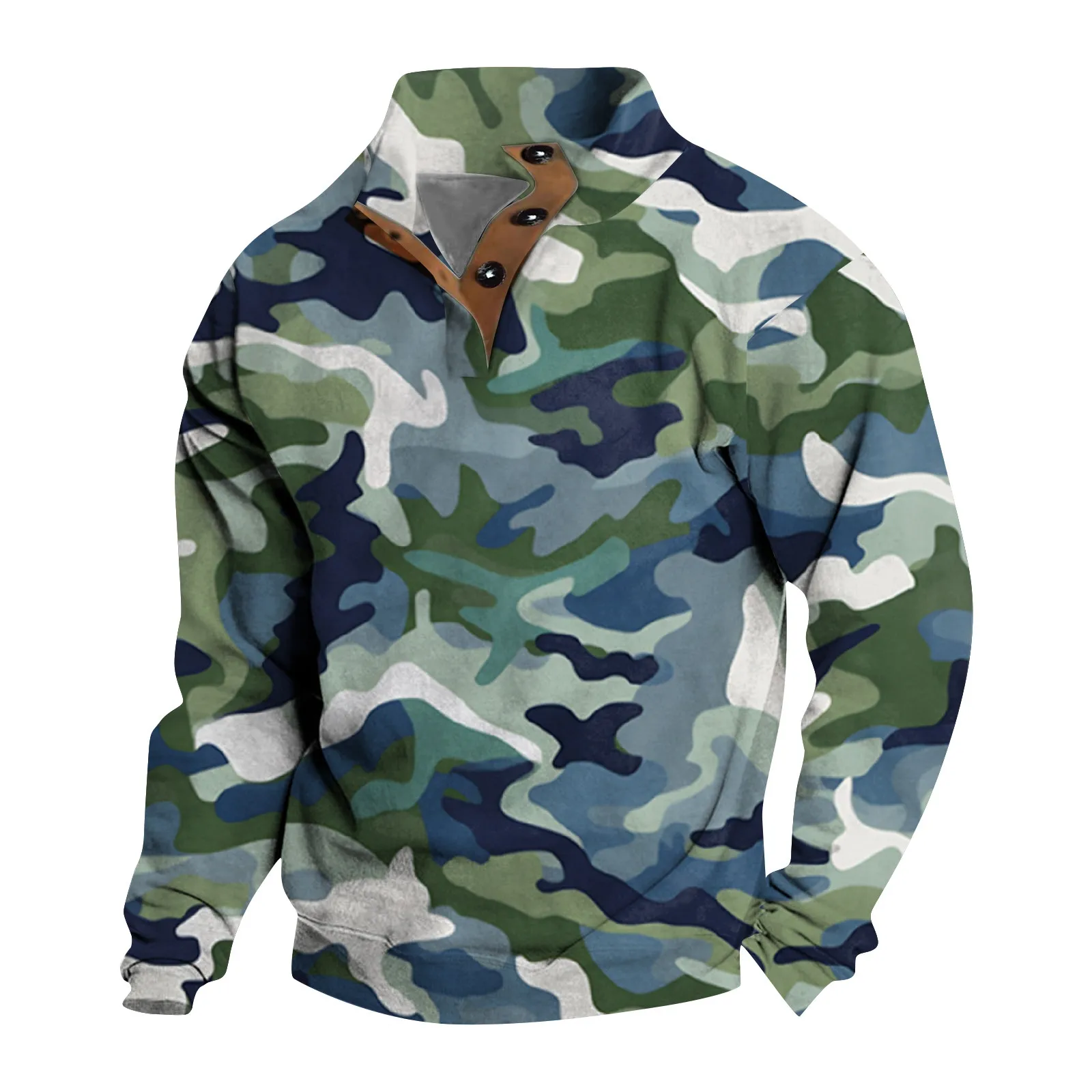 Camouflage Print Men'S Sweatshirt Buttons Collar Sweater Top Oversized Long Sleeve Clothing For Male Winter Casual Streetwear