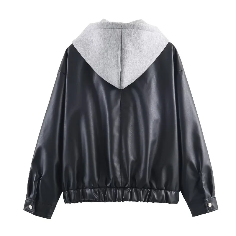 2026 PU Leather Jacket Women Fashion Hooded Loose Sweatshirts Korean Spring Autumn Zipper Hip-hop Motorcycle Outerwear Coat Y2k