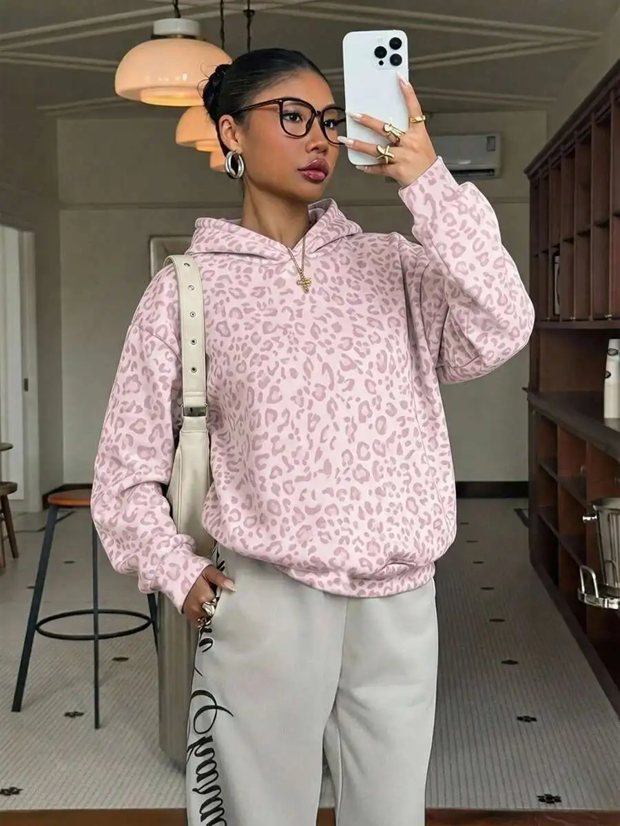 Women's Autumn Winter Leopard Print Long Sleeve Hooded Pullover Sweatshirt