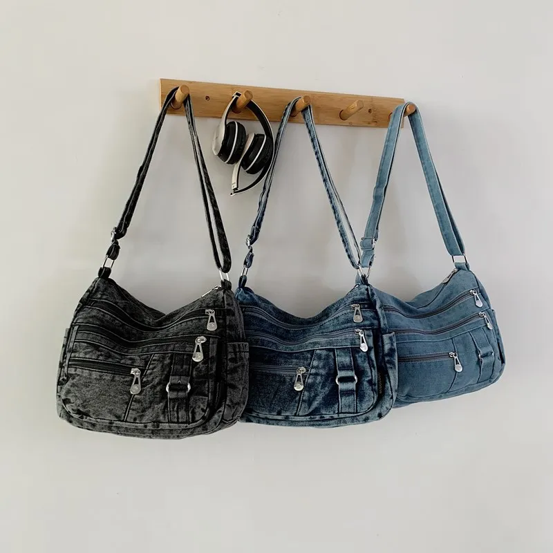 

High Quality Denim Solid Color Zipper Shoulder Bag Hot Sale Large Capacity Crossbody Bags Multifunctional Daily Commute Handbags