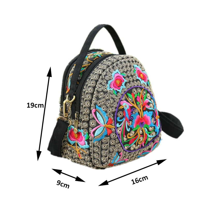 Trendy Casual Canvas Handbags Ethnic Style Embroidery  Crossbody Bag Zipper Double Sided Floral Women Shoulder Bag