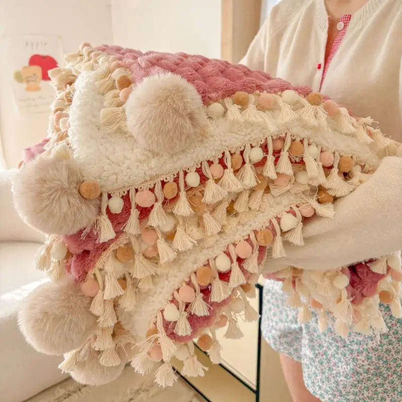 Thickened Lamb Velvet Faux Fur Blanket with Ruffle Lace  Warm Cozy Princess Style Korean Design Ball Boucle Throw Blanket