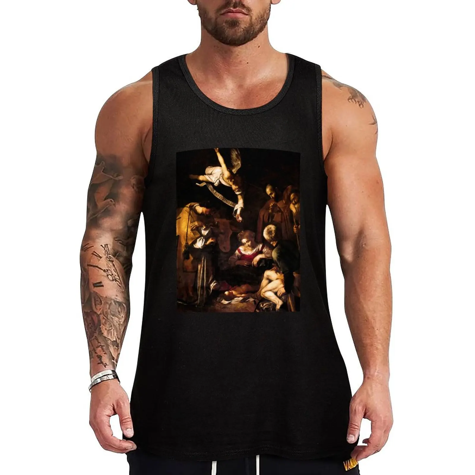 Michelangelo Merisi da Caravaggio Nativity with St. Francis and St. Lawrence Tank Top mens gym clothes gym clothing