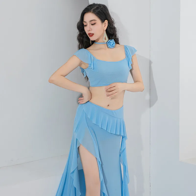 Gauze Oriental Dance Costume With Floral Chocker Women Summer Belly Dance Practice Clothes Short Sleeve Sexy Side Split Skirt L