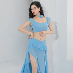 Gauze Oriental Dance Costume With Floral Chocker Women Summer Belly Dance Practice Clothes Short Sleeve Sexy Side Split Skirt L