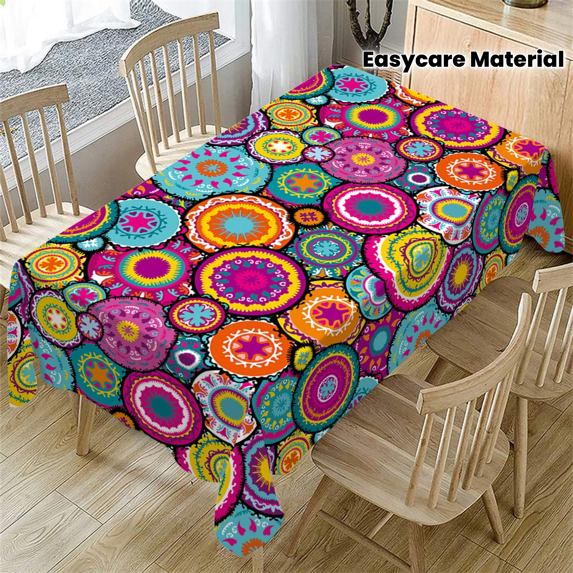 1pc Multicolor Geometric Circle Pattern Tablecloth - 100% Machine Washable Rectangular Table Cover,wedding decorations,summer decoration,garden decor for outside,outdoor decor, Suitable for Kitchen Dining, Party Decor, Home Beautification