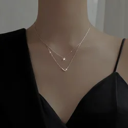 Nuova collana a V a doppio strato in argento Sterling 925 con zirconi lucidi geometrici semplici catena a clavicola regalo per feste di gioielli di moda per donna