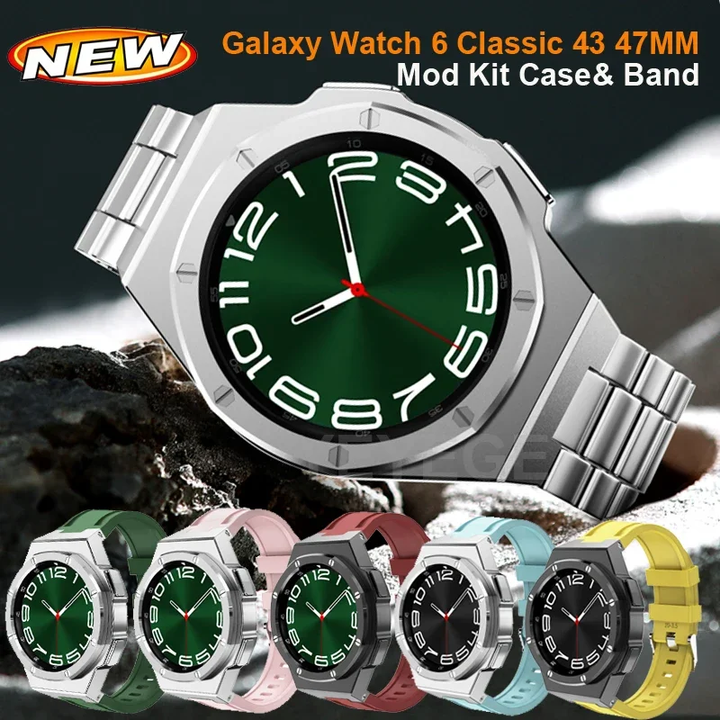 

Metal Modification Case Band For Samsung Galaxy Watch 6 Classic 47mm 43mm Stainless Steel Bezel Mod Kit Bracelet Rubber Strap